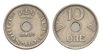 Норвегия 10 эре 1939 Хокон VII (1905-1957) KM 383 медно-никель 4632-1126