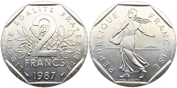 Франция 2 франка 1987 сеятель, тираж 92967 экземпляров KM 942.1 никель  UNC  1530-1341