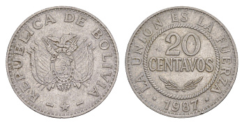 Боливия 20 сентаво 1987 KM 203 нержавеющая сталь 4649-839