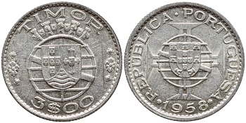 Португальский Тимор 3 эскудо 1958 год тип KM 14 серебро aUNC 63-324