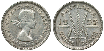 Австралия 3 пенса 1955 m, Елизавета II (1952-2022) KM 57 серебро 71-429