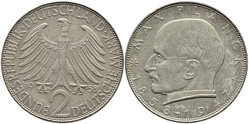 ФРГ 2 марки 1958 G, Макс Планк KM 116, J. 392 медно-никель плакированный никелем 85-617