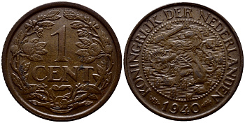 НИДЕРЛАНДЫ 1 ЦЕНТ 1940 ВИЛЬГЕЛЬМИНА (1890-1948) KM 152 бронза 46-215