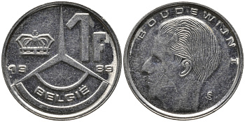 БЕЛЬГИЯ 1 ФРАНК 1989 BELGIE KM 171 сталь плакированная никелем 99-1235