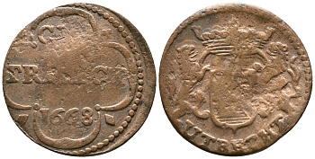 НИДЕРЛАНДЫ, УТРЕХТ 1 ДУИТ 1668 KM 44 медь 34-845