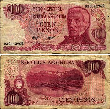 Аргентина 100 песо 1977 генерал Хосе де Сан-Мартин, серия D 03064 Pick 302а бумага 7221-6-3-1