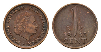 Нидерланды 1 цент 1953 Юлиана (1948-1980) KM 180 бронза 192-1025