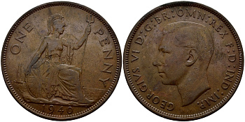 Великобритания 1 пенни 1940 Георг VI (1936-1952) KM 845, Spink 4114 бронза 540-512