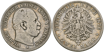 Пруссия 2 марки 1876 A, Вильгельм I (1861-1888) Weege 96, J. 96, KM 506 серебро 06-256-41