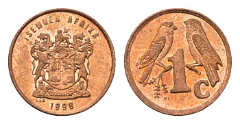 ЮАР 1 цент 1998 герб, капские воробьи KM 170 сталь плакированная медью UNC 4694-235