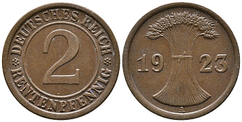 ГЕРМАНИЯ 2 РЕНТЕНПФЕННИГА 1923 A KM 31, J. 307 бронза 24-437