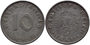 ГЕРМАНИЯ 10 РЕЙХСПФЕННИГОВ 1941 D КМ 101 J.371 цинк 4391-937