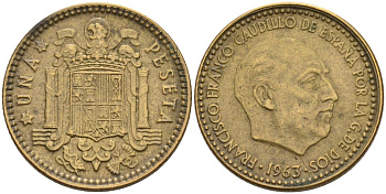 Испания 1 песета 1963 (65) Франсиско Франко (1939-1975) KM 775 алюминиевая бронза 4571-1131