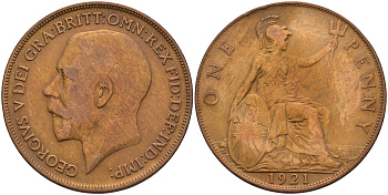 Великобритания 1 пенни 1921 Георг V (1910-1936) KM 810, Spink 4051 бронза 4593-214