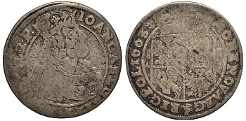 ПОЛЬША 18 ГРОШЕЙ 1663 AT, ЯН КАЗИМИР (1649-1668) KM 88.4 серебро 1526-1235