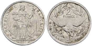 Французская Новая Каледония 2 франка 1997 птица кагу, (IEOM) KM 14, Schoen 11, Lec 68b алюминий    28-316