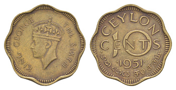 Цейлон 10 центов 1951 KM 121 никель латунь 4650-851