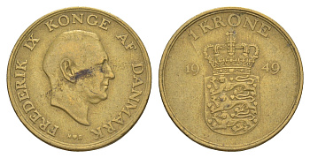 Дания 1 крона 1949 N, Фредерик IX (1947-1972) KM 837 алюминиевая бронза 4638-724
