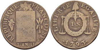 ФРАНЦИЯ 1 СУ 1793 D, ПЕРВАЯ РЕСПУБЛИКА (1792-1793) LAN II KM 619.5 бронза 441-723