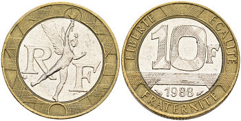 Франция 10 франков 1988 тип гений Бастилии KM 964.1, Le Franc 375.2 биметалл 4577-925
