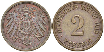 Германия 2 пфеннига 1912 A KM 16, J. 11, Weege 4 медь 212-353