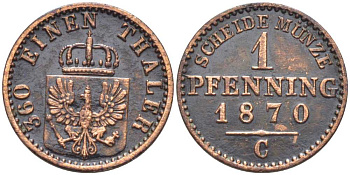 ПРУССИЯ 1 ПФЕННИГ 1870 С, ВИЛЬГЕЛЬМ I (1861-1888) KM 480 медь 201-558