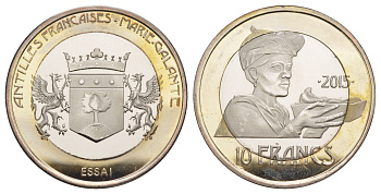Французская Вест-Индия или Французские Антильские острова (Мари-Галант) 10 франков 2015 ESSAI (пробник) биметалл BU 1082-4-52