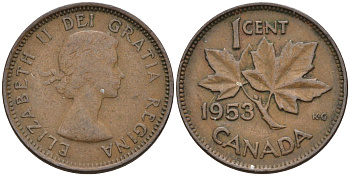 Канада 1 цент 1953 Елизавета II, кленовый лист KM 49 бронза    4115-743