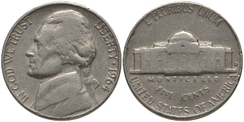 США 5 ЦЕНТОВ 1964 ДЖЕФФЕРСОН KM А192 медно-никель 181-111