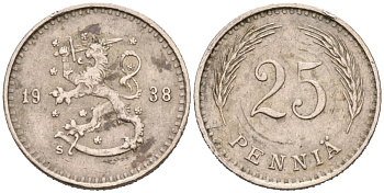 ФИНЛЯНДИЯ 25 ПЕННИ 1938 S KM 25 медно-никель 192-1159
