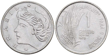 Бразилия 1 сентаво 1975 FAO, сахарный тростник KM 585 нержавеющая сталь 105-815