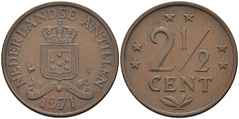 Нидерландские Антилы 2 1/2 цента 1971 Юлиана (1948-1980) KM 9 бронза 4595-413
