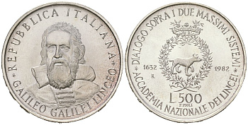 Италия 500 лир 1982 R, 350 лет со дня смерти Галилео Галилея KM 113 серебро BU 4607-224