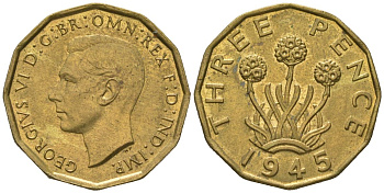 Великобритания 3 пенса 1945 Георг VI (1936-1952) KM 849, Spink 4112 никель латунь UNC 4163-647