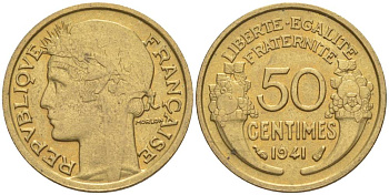 ФРАНЦИЯ 50 САНТИМОВ 1941 ТИП MORLON KM 894.1, LE FRANC 192.18 алюминиевая бронза 44-519