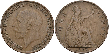 Великобритания 1 пенни 1927 Георг V (1910-1936) KM 826, Spink 4054 бронза 4117-815
