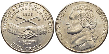 США 5 центов 2004 P, серия 200 лет экспедиции Льюиса и Кларка, приобретение Луизианы KM 360 медно-никель UNC M24-02