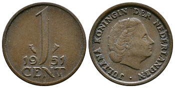 Нидерланды 1 цент 1951 Юлиана (1948-1980) КМ 180 бронза 75-1226