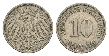 Германия 10 пфеннигов 1900 A, Вильгельм II (1888-1918) KM 12, J. 13 медно-никель 4644-1152