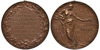 Германия медаль 1911 северовосточная регата, эротика, 35 мм, 19,0 гр  бронза    1525-244