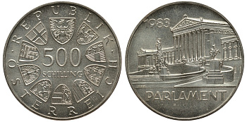 Австрия 500 шиллингов 1983 здание Парламента KM 2964 серебро UNC 00-00