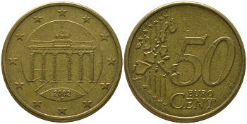 Германия 50 евроцентов 2002 F, Бранденбургские ворота KM 212 нордик 4573-831