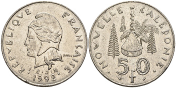 Французская Новая Каледония 50 франков 1992 хижина среди сосен и пальм, (IEOM) KM 13, Schoen 15, Lec 121 никель 4123-314