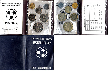Испания официальный набор из 6 монет (50 сентимов; 1, 5, 25, 50 и 100 песет) 1980 (1982) чемпионат мира по футболу в Испании 1982 года KM MS11 (815, 816, 817, 818, 819 и 820) 8-2-05-46