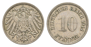 Германия 10 пфеннигов 1914 F, Вильгельм II (1888-1918) KM 12, J. 13 медно-никель 4640-332