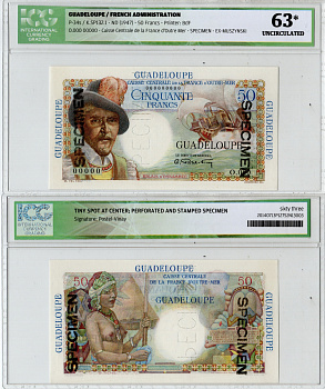Гваделупа 50 франков ND (1947) SPECIMEN - образец в слабе ICG 63 (Uncirculated). Белен д'Эснамбук, парусник, женщина Pick 34 s  бумага  UNC (пресс) 452-3-33