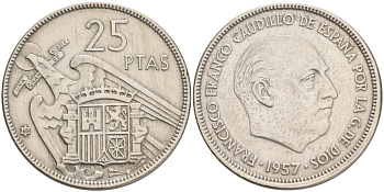 ИСПАНИЯ 25 ПЕСЕТ 1957 (65) ФРАНСИСКО ФРАНКО ДИКТАТОР ИСПАНИИ (1939-1975) KM 787 медно-никель 4561-822