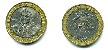 Чили 100 песо 2008 индейцы Мапуче KM 236 биметалл 29-445