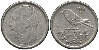 Норвегия 25 эре 1966 Улаф V (1958-1991), синица KM 407 медно-никель 218-452