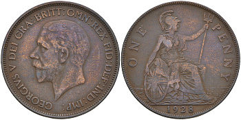 Великобритания 1 пенни 1928 Георг V (1910-1936) КМ 826, Spink 4054 бронза 4557-1013